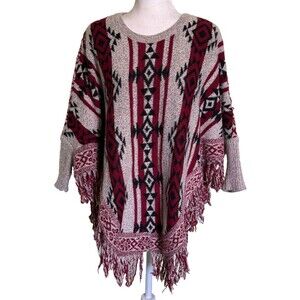Women Southwestern Fringe Poncho Sweater Red Geometric Western Boho Knit OS